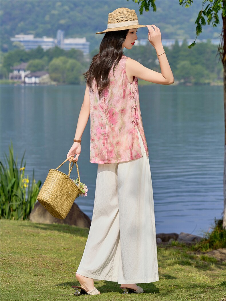 杭州桑蚕人丝女高定中式旗袍式马甲上衣两件套裤2026新款夏季,女装套装/套裙,贝蕾酷儿