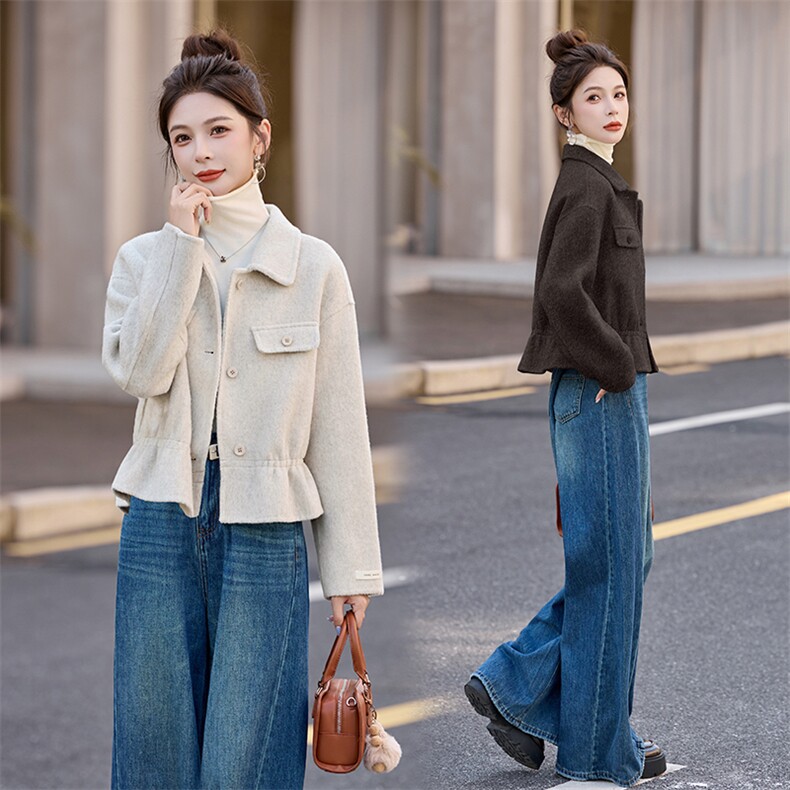 毛呢外套女短款2026秋冬季新款小个子高级感韩系收腰双面羊毛大衣,女装双面呢大衣,琪绚服饰