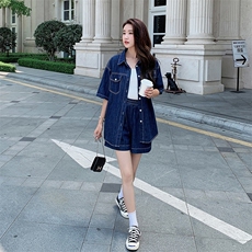 现货~！夏季薄款深蓝牛仔短袖短裤两件套套装女，女装套装/套裙，辉之琳