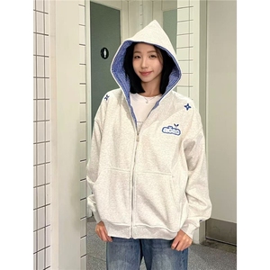 格子拼接连帽卫衣潮流潮牌慵懒新款休闲帅气气质港风流行WYX25图片