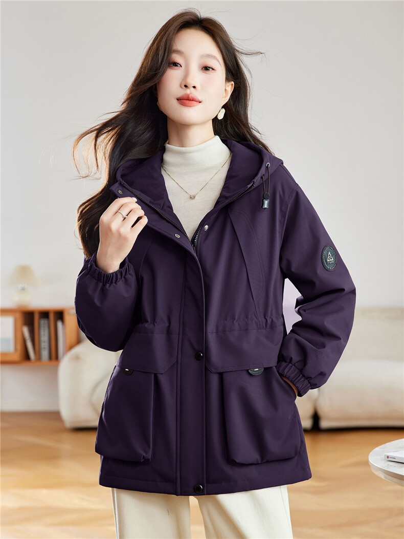 休闲连帽派克服加绒厚外套女2025秋冬新款时尚宽松收腰显瘦冲锋衣,女装派克服,沐七七