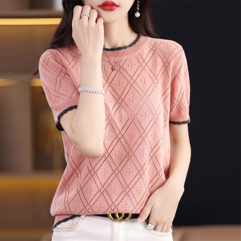 2025新款针织短袖女法式镂空拼色圆领T恤宽松气质纯棉打底衫上衣，女装T恤，彩羽羊绒