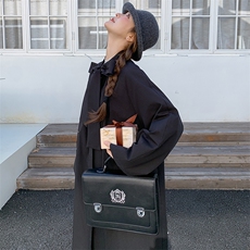 黑色蝴蝶结系带风衣外套女2025春秋季新款韩系学院风减龄流行大衣，女装风衣，2C016