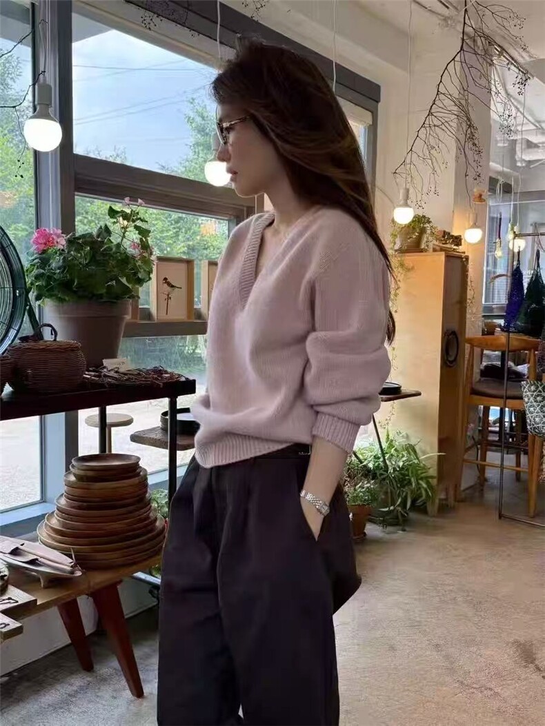 女士2025年秋季长袖V领,针织衫/毛衣,百纯羊绒
