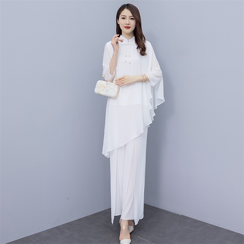 禅意女装白色改良文艺复古汉服夏唐装中国风禅修套装茶服女连衣裙,商品下架区,秀美人生
