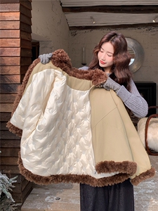羽绒服女2025冬季新款女装卡其色皮毛一体拼接派克服加厚保暖外套图片