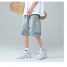 牛仔短裤男破洞做旧男款港风潮牌夏季宽松五分裤D5023-P40，男装牛仔裤，星座1001-1