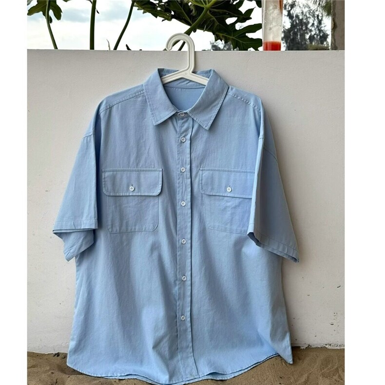 【有货】DC223-特批38蓝色翻领衬衫短袖纯棉男生夏季宽松衬衣,男装T恤,星座603-2