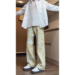 1506-1/KK11001/P40黄色满印提花牛仔裤男款春秋美式高街裤子百搭