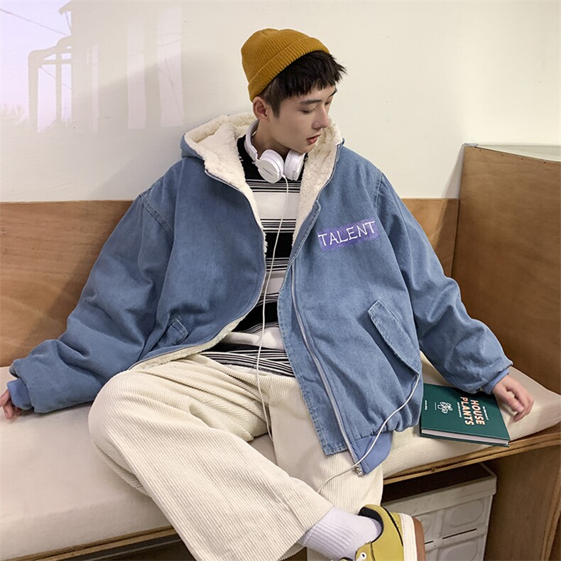 高品质休闲牛仔连帽羊羔毛衣潮流宽松服A161-521-P145控165,男装棉衣,电商A161