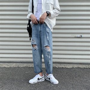 20新款港风男士破洞宽松乞丐毛边牛仔裤阔腿裤女中性B图片