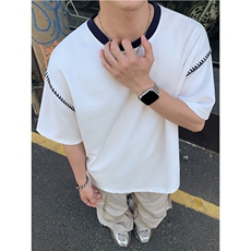 260克曼巴棉拼接撞色特种一字绣圆领夏季男士短袖T恤休闲百搭P33，男装T恤，电商C306-1