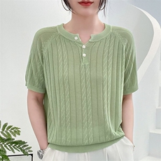夏季新款时尚气质百搭简约女士三粒扣半开天丝短袖，女装T恤，秋虹羊绒