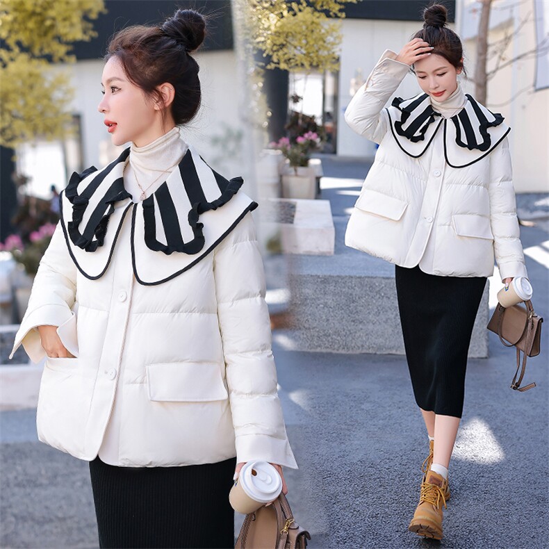 2024年冬季90白鸭绒拼接条纹针织特色气质淑女韩版羽绒服女，女装羽绒服，韩蜜菓