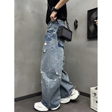 做旧破洞设计弯刀牛仔裤男女高街宽松直筒拖地长裤子NK1017，男装牛仔裤，星座1116A（原606A-3）