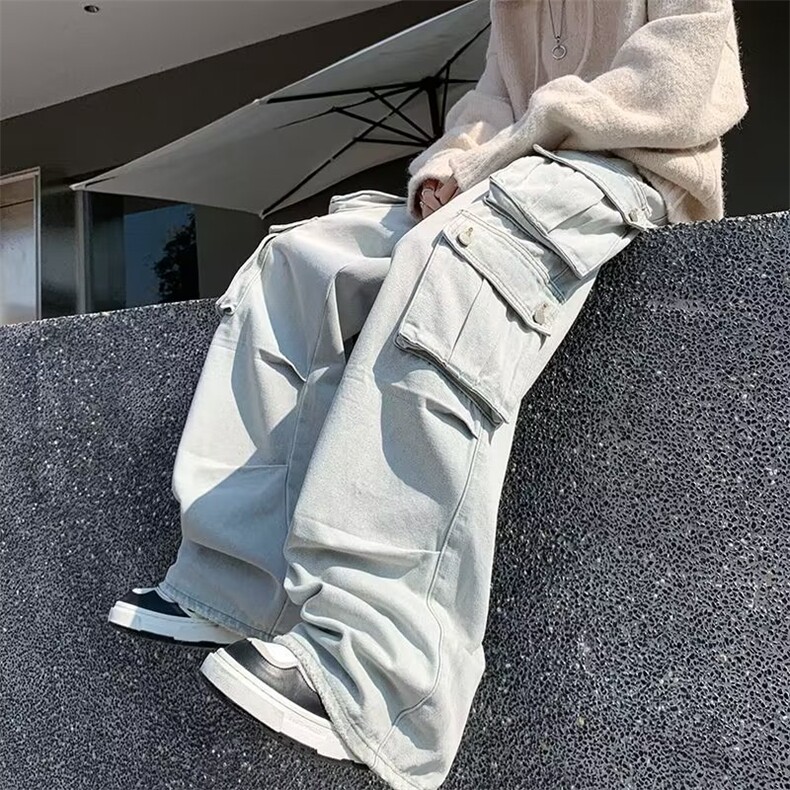 工装牛仔裤男秋季高街大口袋设计感宽松直筒休闲长裤K7551-P55,男装牛仔裤,星座512-3
