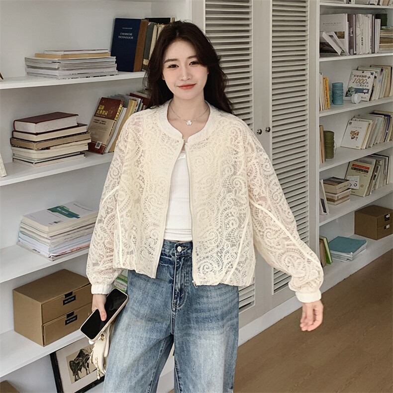 米白色重工艺辣妹微透蕾丝刺绣印花夹克上衣女春新款小个子短外套,女装短外套,米莱