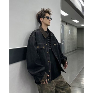 复古水洗小众牛仔衣男春秋宽松休闲撞色翻领夹克外套8868 P70图片