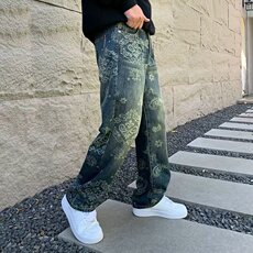满印提花牛仔裤男款秋冬美式高街潮牌宽松直筒阔腿裤休闲痞帅长裤，男装牛仔裤，四季星座505