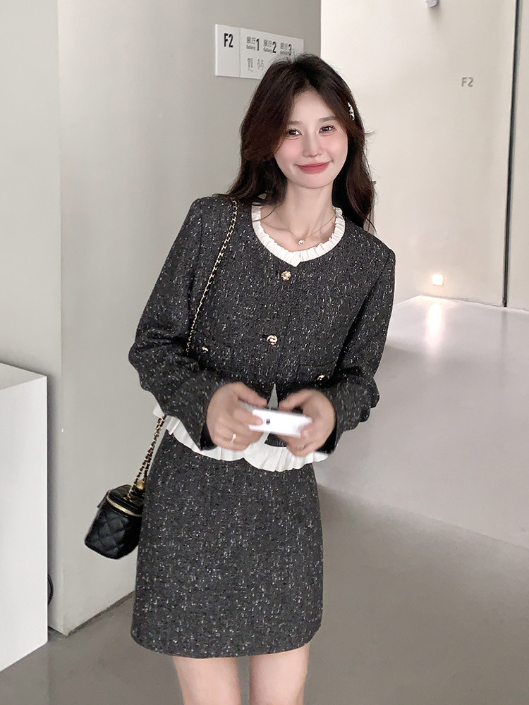 灰色甜美拼接小香风上衣套装裙女2025新款春季法式半身短裙两件套,女装套装/套裙,帛锦泉