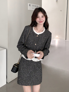 灰色甜美拼接小香风上衣套装裙女2025新款春季法式半身短裙两件套,少女超短裙子搭配图片图片