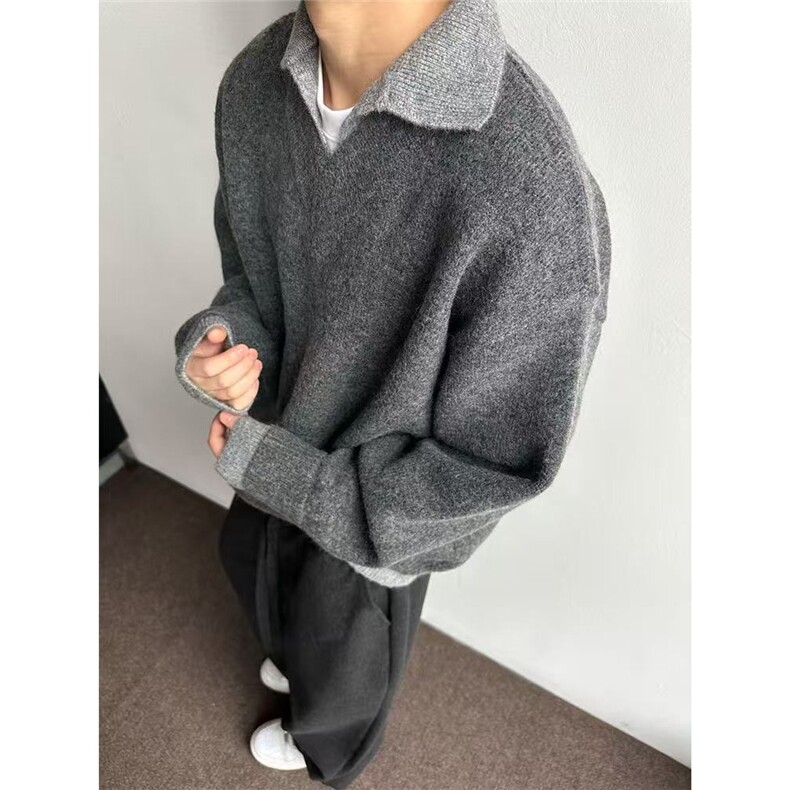 5012-P72美式复古假两件v领毛衣男款冬季翻领老钱风针织衫上衣,男装针织衫/毛衣,电商B323A