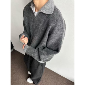 5012-P72 美式复古假两件v领毛衣男款冬季翻领老钱风针织衫上衣图片