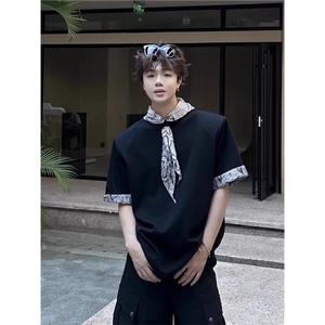 蛇纹卷边拼接t恤男款夏季小众丝巾设计感短袖美式高级感垫肩半袖图片