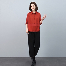时尚宽松显瘦长袖衬衫+阔腿裤套装女秋装新款休闲两件套6528-518，女装套装/套裙，叶笙衣