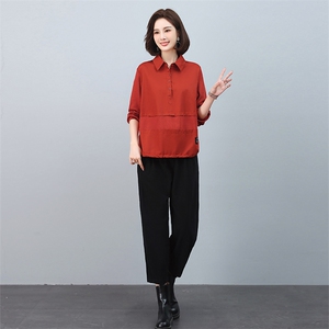 时尚宽松显瘦长袖衬衫+阔腿裤套装女秋装新款休闲两件套6528-518图片