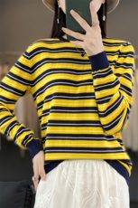 圆领宽条纹2024年秋季简约潮流时尚百搭针织衫，女装针织衫/毛衣，桦兴羊绒