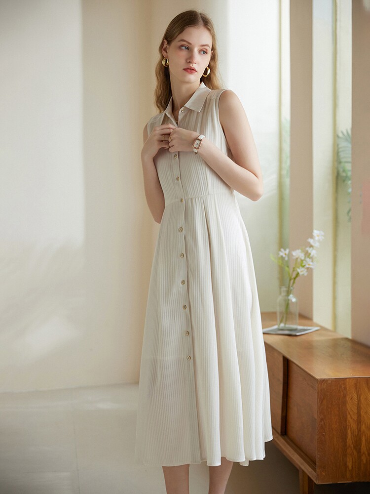 简约纯色甜美气质收腰衬衫领无袖长裙,女装连衣裙,澳冬特羊绒