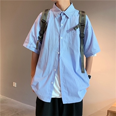 条纹五分袖衬衫男夏季ins上衣服潮流宽松情侣衬衣外套W1000-P28，男装衬衫，星座512-2