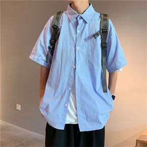 条纹五分袖衬衫男夏季ins上衣服潮流宽松情侣衬衣外套 W1000-P28图片