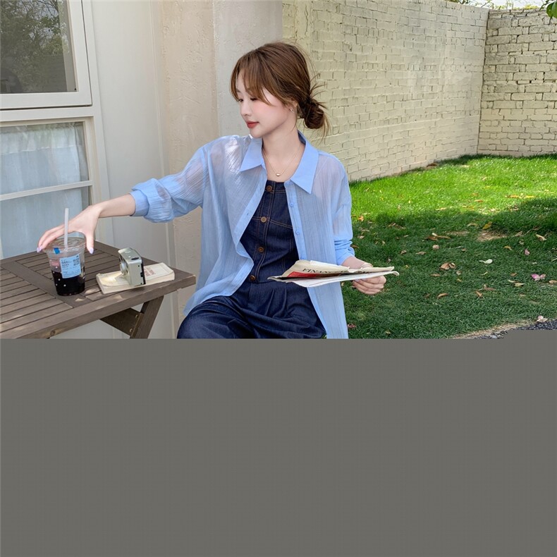 蓝色轻熟风休闲衬衫套装裙女2025夏新款法式气质吊带阔腿裤三件套,女装套装/套裙,2C129