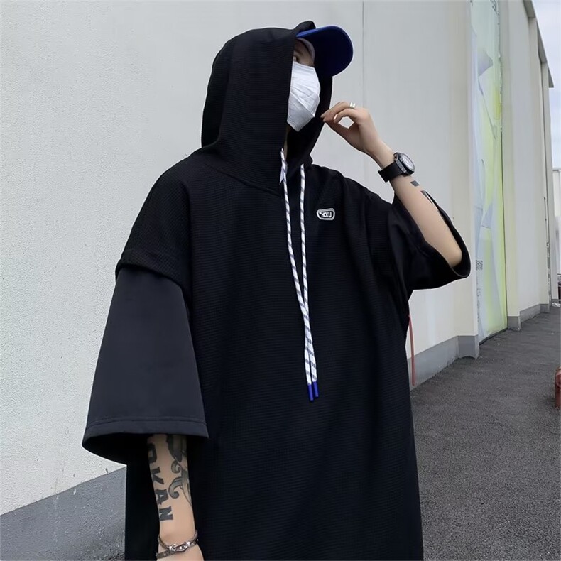 2024夏华夫格连帽开叉短袖T恤男大码假两件运动打底上衣TM21-P40,男装T恤,星座1109-3