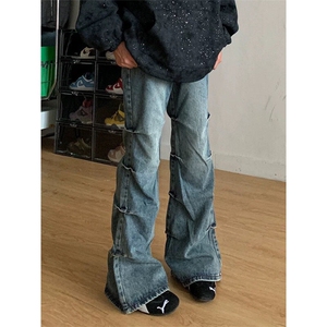 【有货】DK1013-P55水洗蓝色褶皱设计显高牛仔裤微喇宽松裤男图片