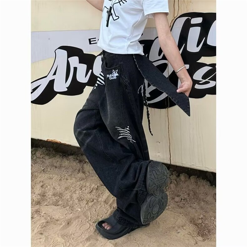 高个子加长甜酷辣妹星星贴布牛仔裤女侧边拉链设计直筒阔腿裤图片