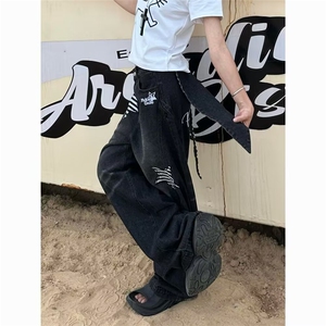 高个子加长甜酷辣妹星星贴布牛仔裤女侧边拉链设计直筒阔腿裤图片