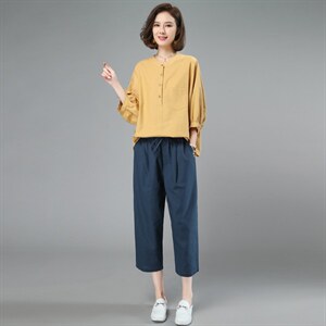 棉麻套装女夏2025新款小个子中年妈妈大码时尚洋气减龄亚麻两件套，女装套装/套裙，奕阳依阁