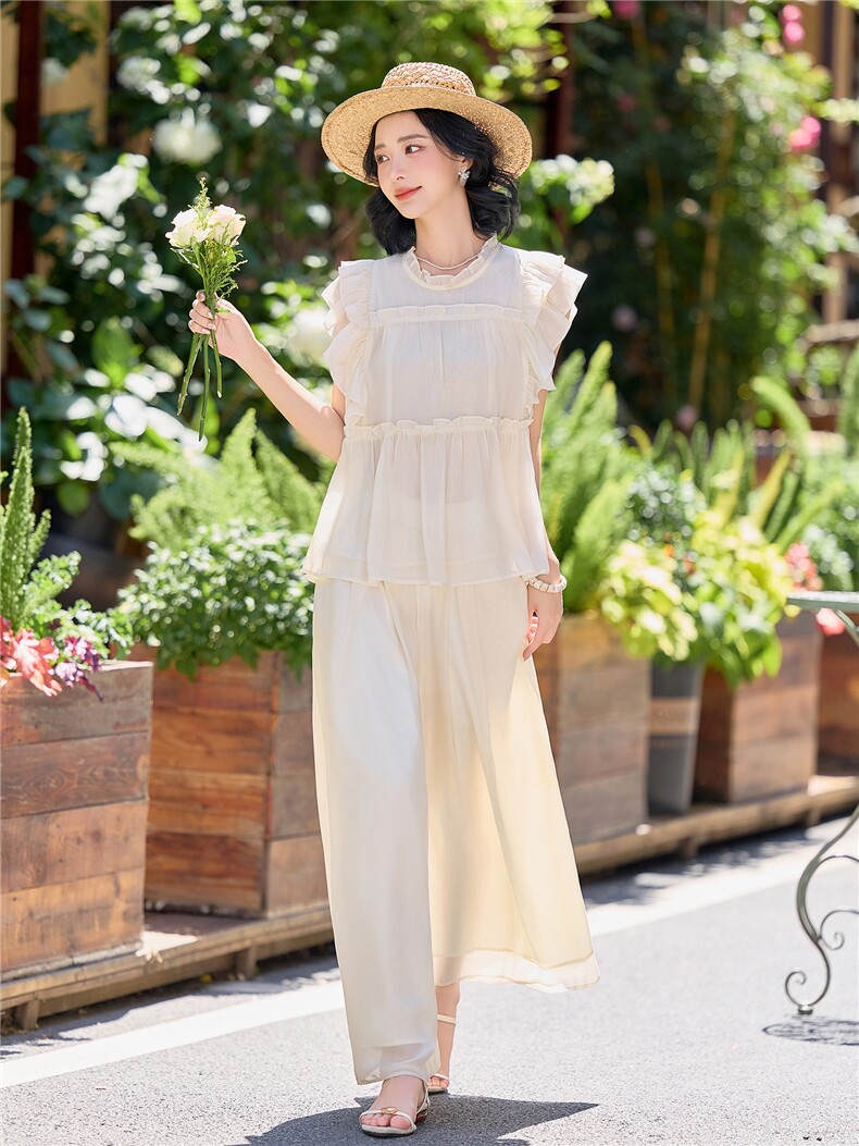 超仙时尚雪纺无袖木耳边套装女2026夏新款半透减龄阔腿裙裤两件套,女装套装/套裙,水衣源