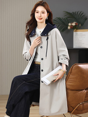 撞色风衣女中长款2025春秋季新款中老年妈妈宽松大码时尚休闲外套，女装风衣，江忆布依