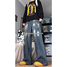 涂鸦泼墨牛仔裤男cleanfit美式廓形弯刀裤子春秋25XK67237特批45，男装牛仔裤，电商A042