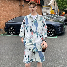 2025夏水墨画冰丝凉感短袖五分袖衬衫薄套装TZ5678/特P50浅蓝5，男装休闲套装，电商A094