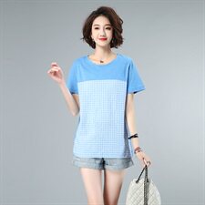 2021夏款大码女装格子拼接上衣3201款，女装大码女装，秋牧寒烟
