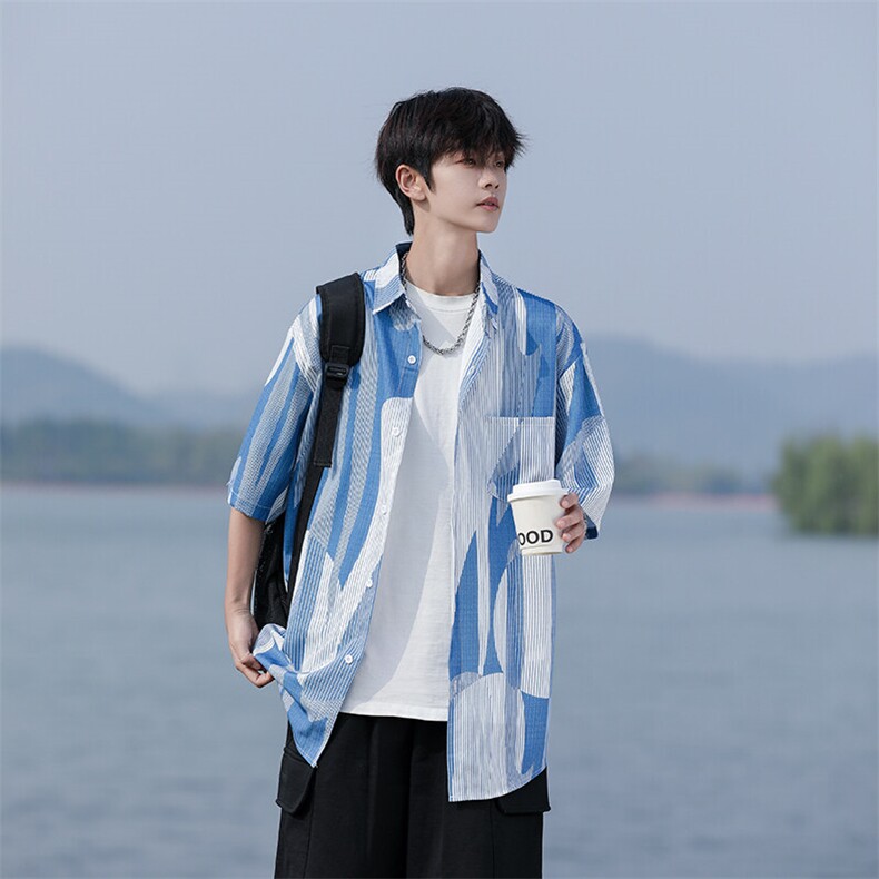 胖胖哥美式复古撞色条纹短袖衬衫男夏季大码宽松衬衣外套休闲上衣,男装衬衫,星座109-1