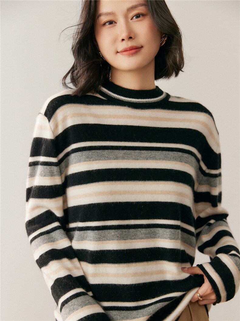 新款圆领条纹针织长袖套头上衣女,针织衫/毛衣,鸥蕊娅羊绒