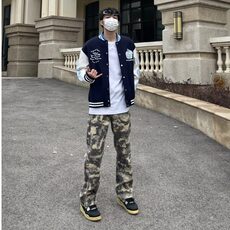 美式迷彩裤子男春夏宽松阔腿休闲工装裤直筒潮牌时尚复古牛仔裤男，男装牛仔裤，星座506A