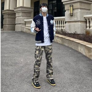 美式迷彩裤子男春夏宽松阔腿休闲工装裤直筒潮牌时尚复古牛仔裤男图片