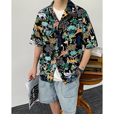 港风潮宽松版大码穿到230斤花衬衫西装领短袖衬衣228-11142-P40，男装T恤，星座228-1